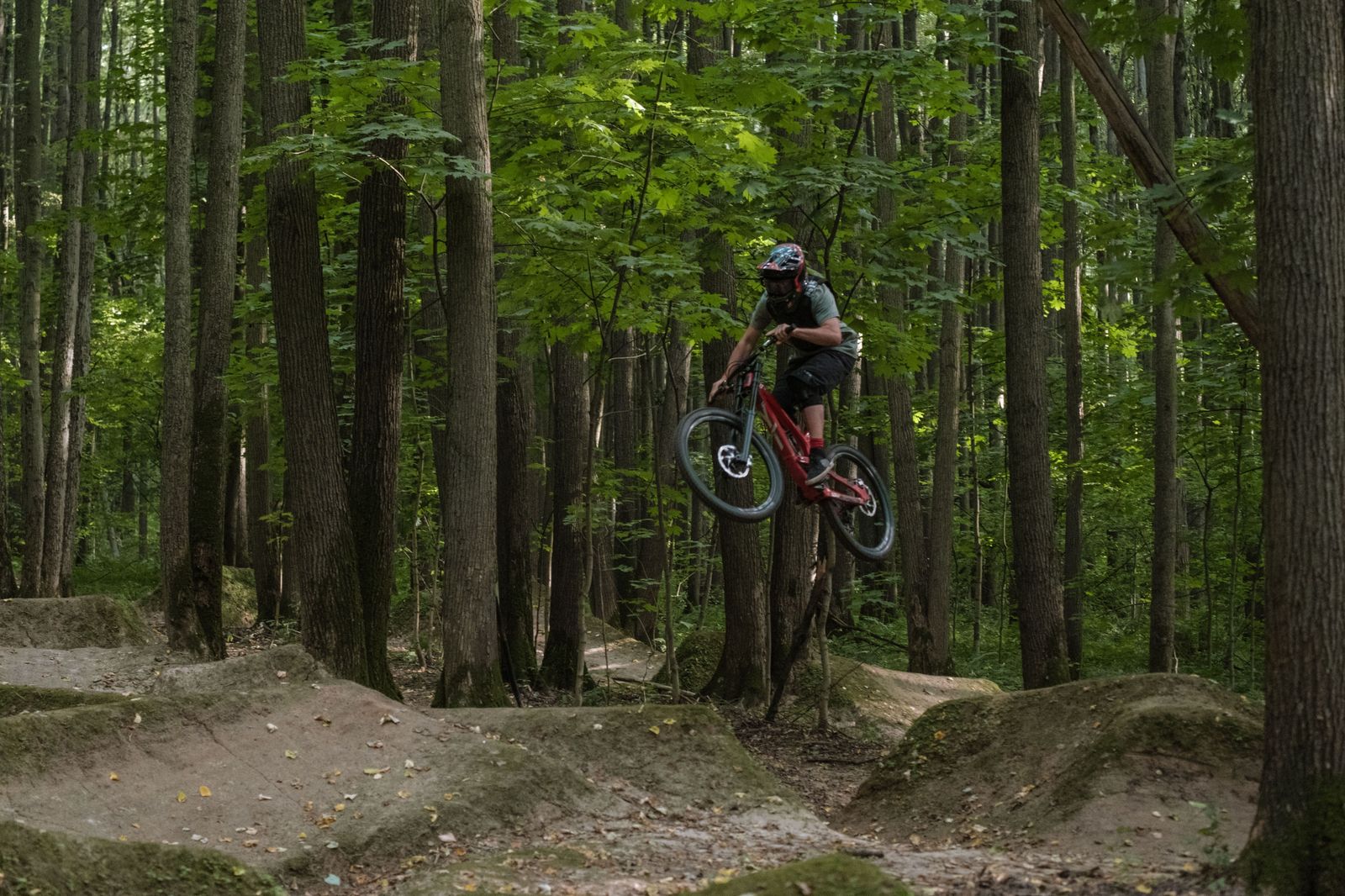 A mountain biker riding a forest singletrack, the summer draw of a trail centre in Oro-Medonte