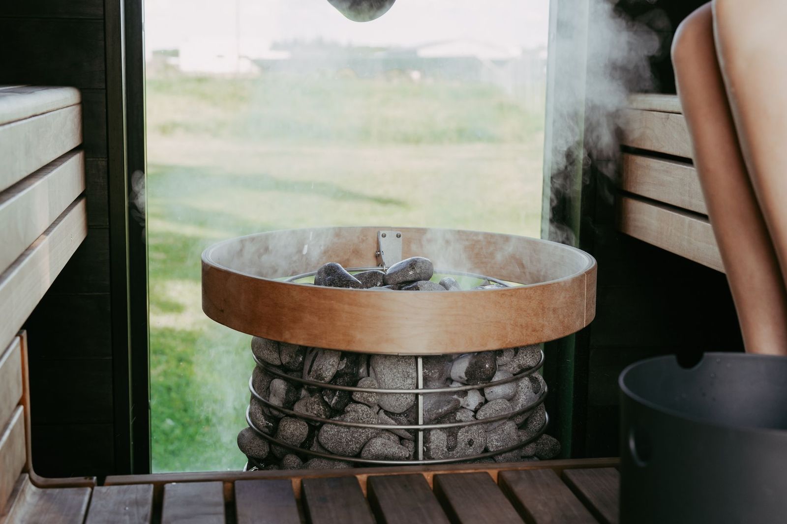 An outdoor nordic spa with steam rising from the pools, the finish to many Blue Mountain days