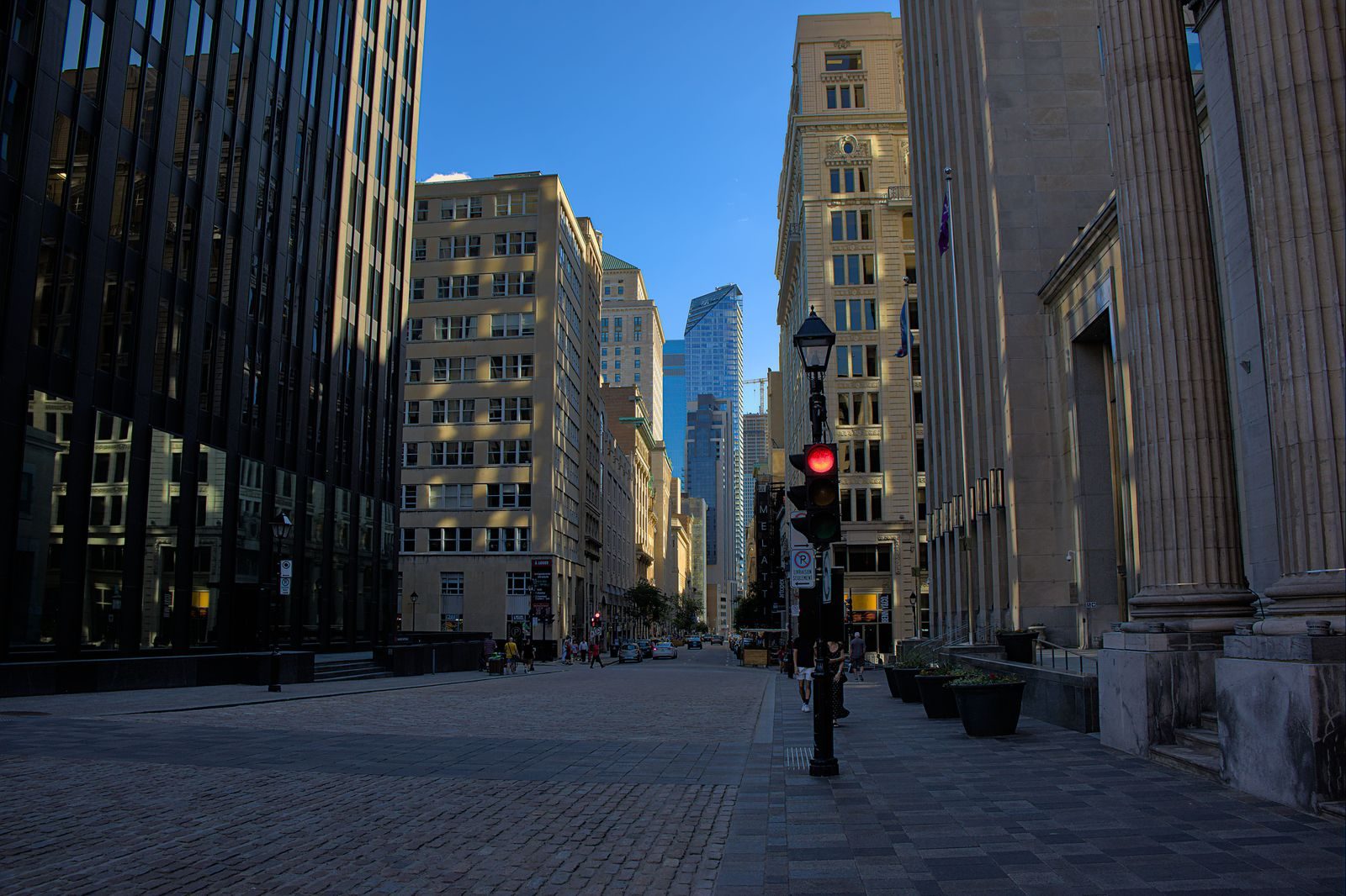 Old Montreal's cobblestone street in the early evening