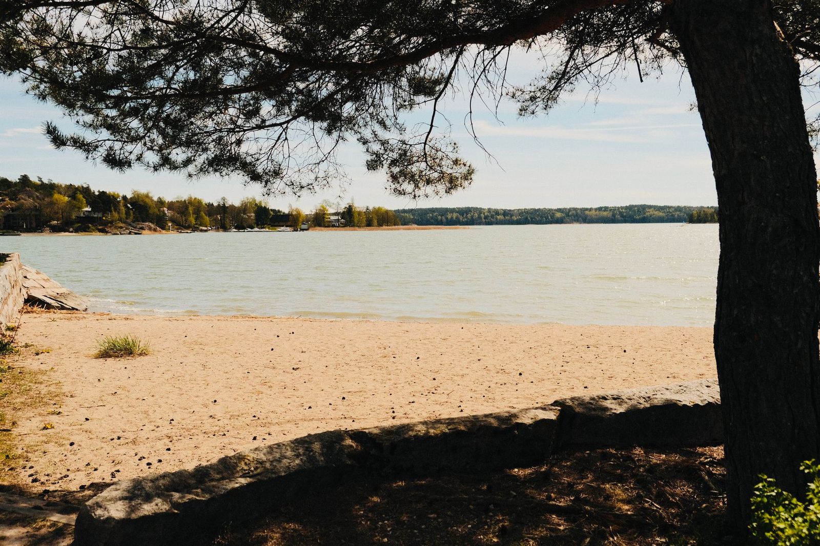 A sandy lakeside park with picnic tables and a bandstand on a summer afternoon