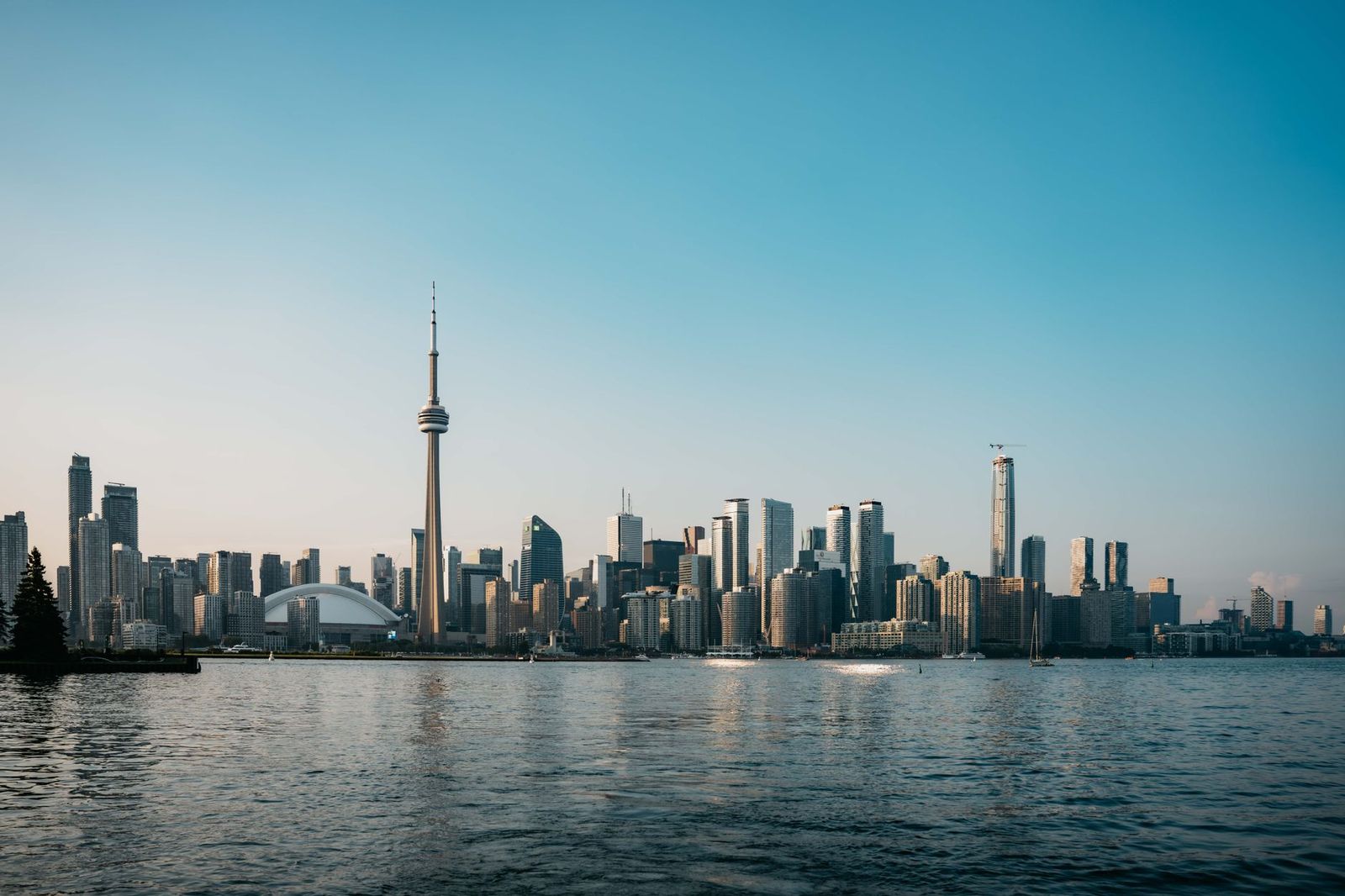 The Toronto lakeshore at dusk near the waterfront concert grounds