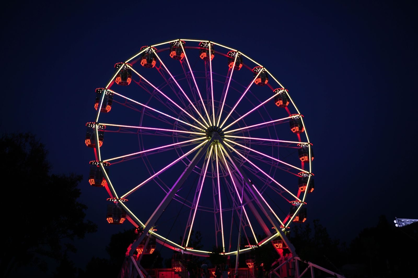 A fairground ferris wheel lit at dusk during a Toronto exhibition