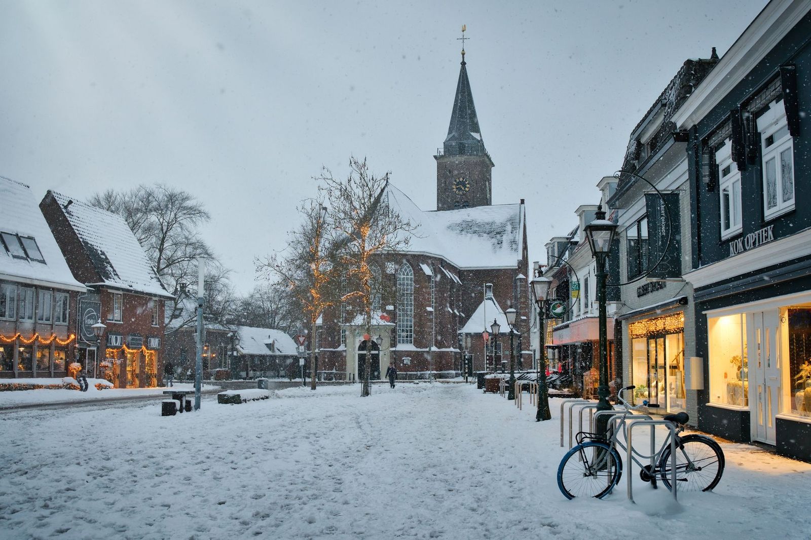 Historic Hurontario Street in downtown Collingwood on a snowy evening