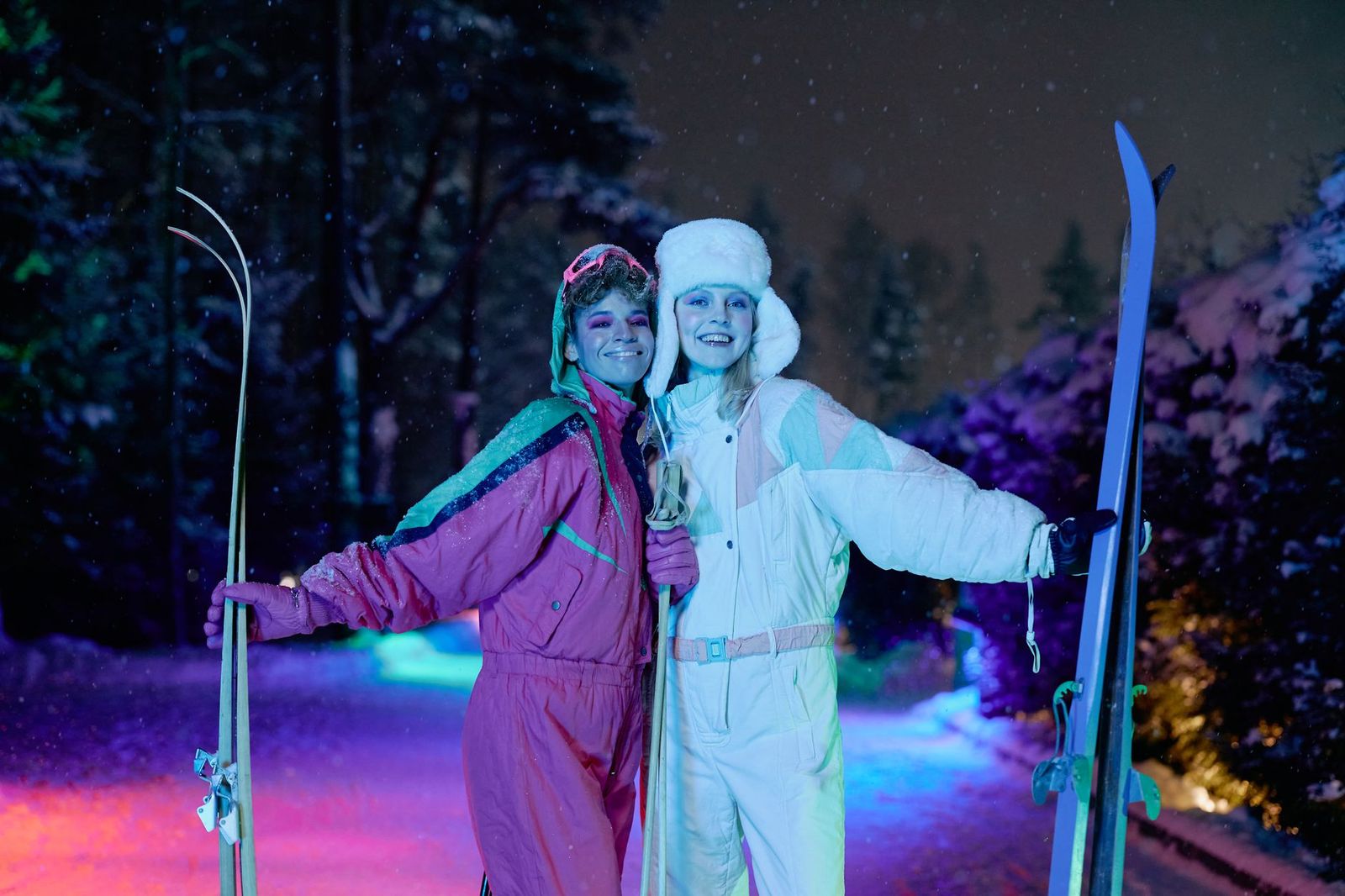 A ski hill lit for night skiing