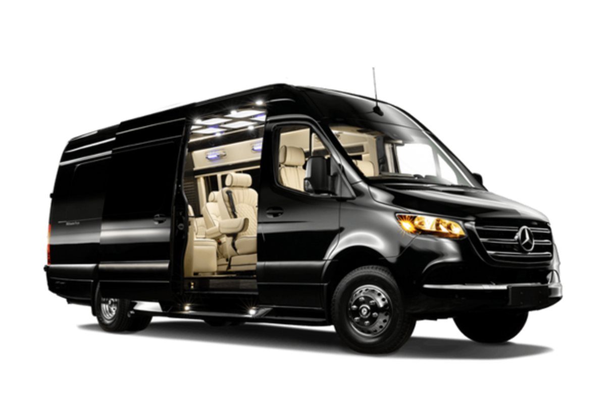 Leather seating inside a black executive passenger van