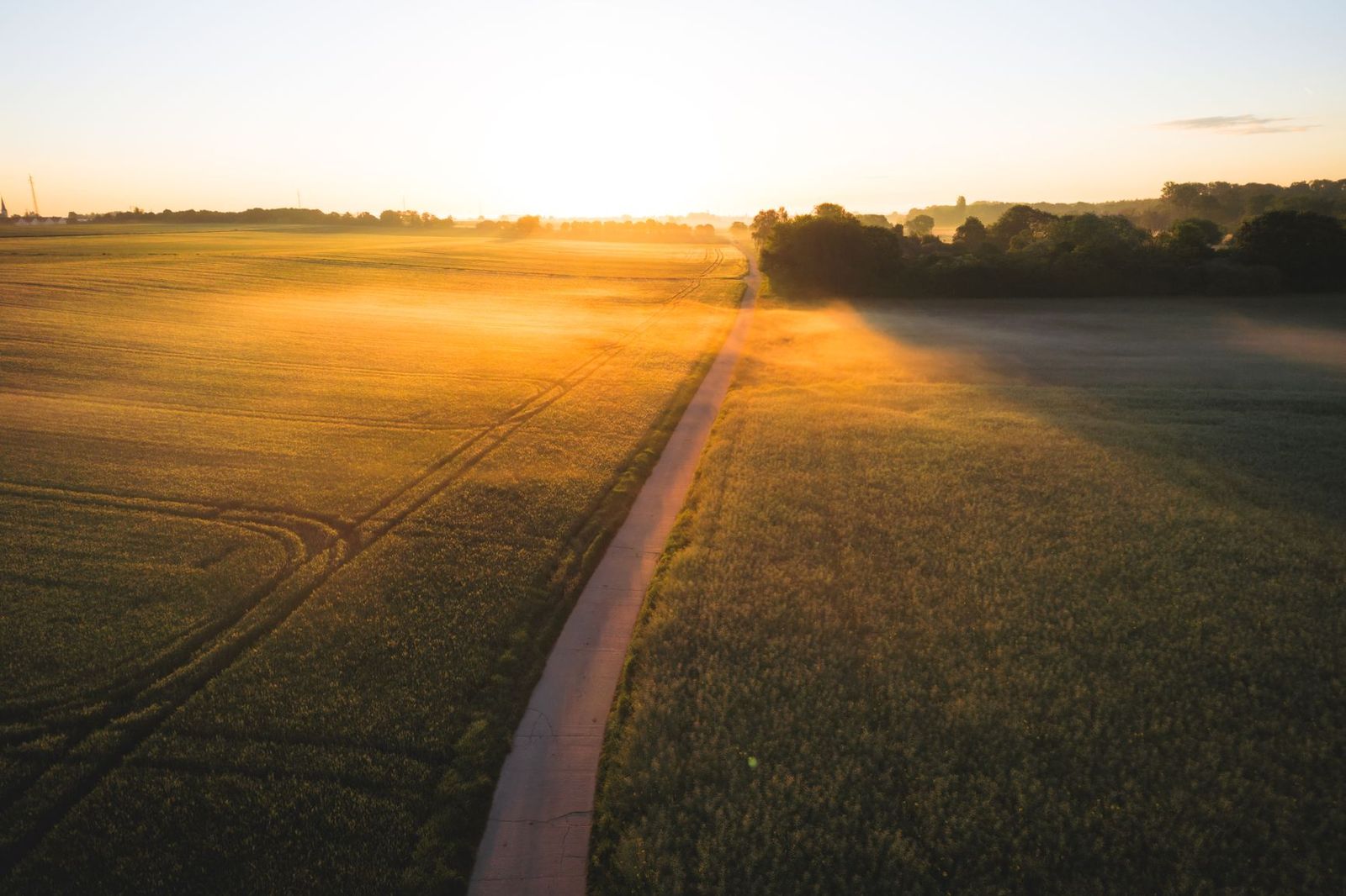 A country road through farmland at sunrise on the way to a small airport