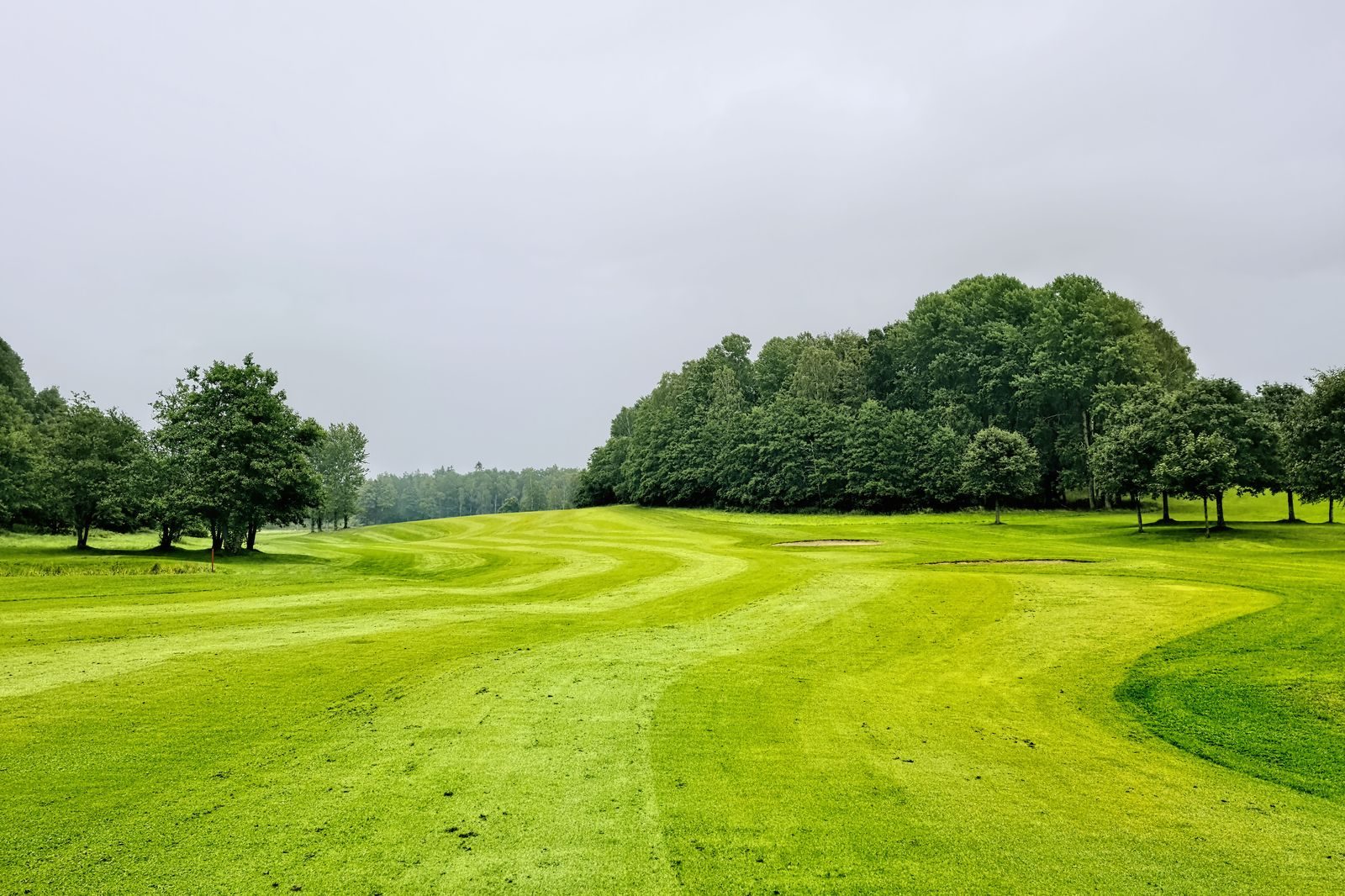 A golf course beside a lake on a bright morning