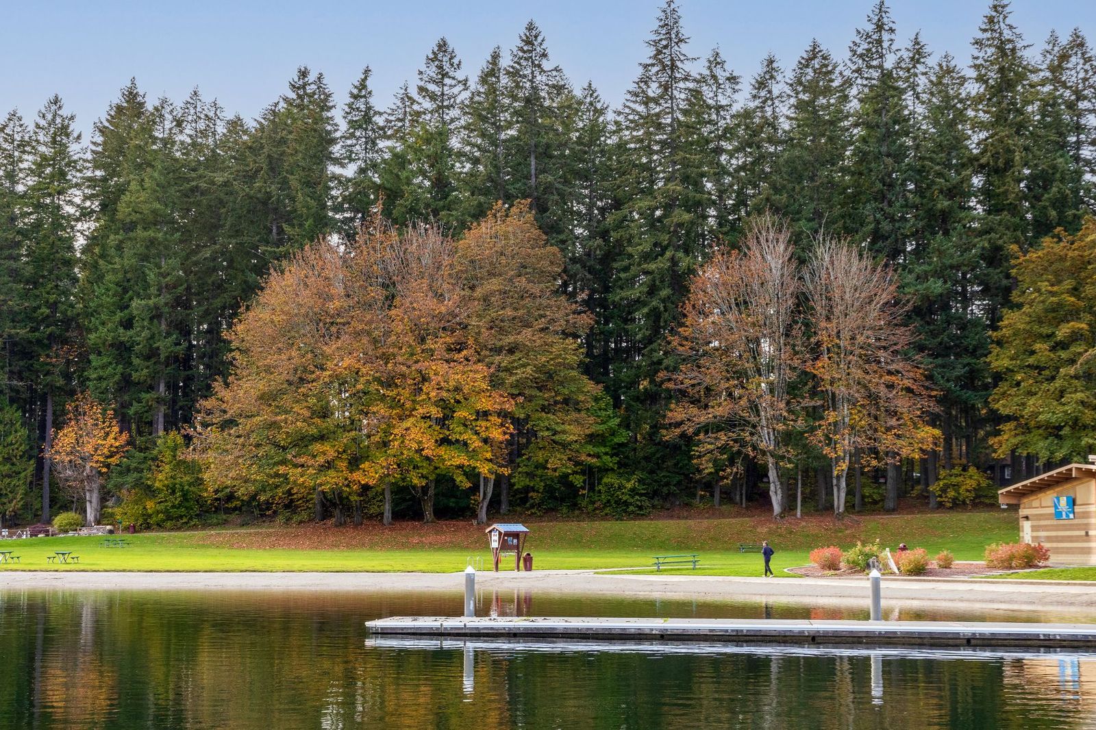 A lakeside Muskoka resort lodge among autumn trees