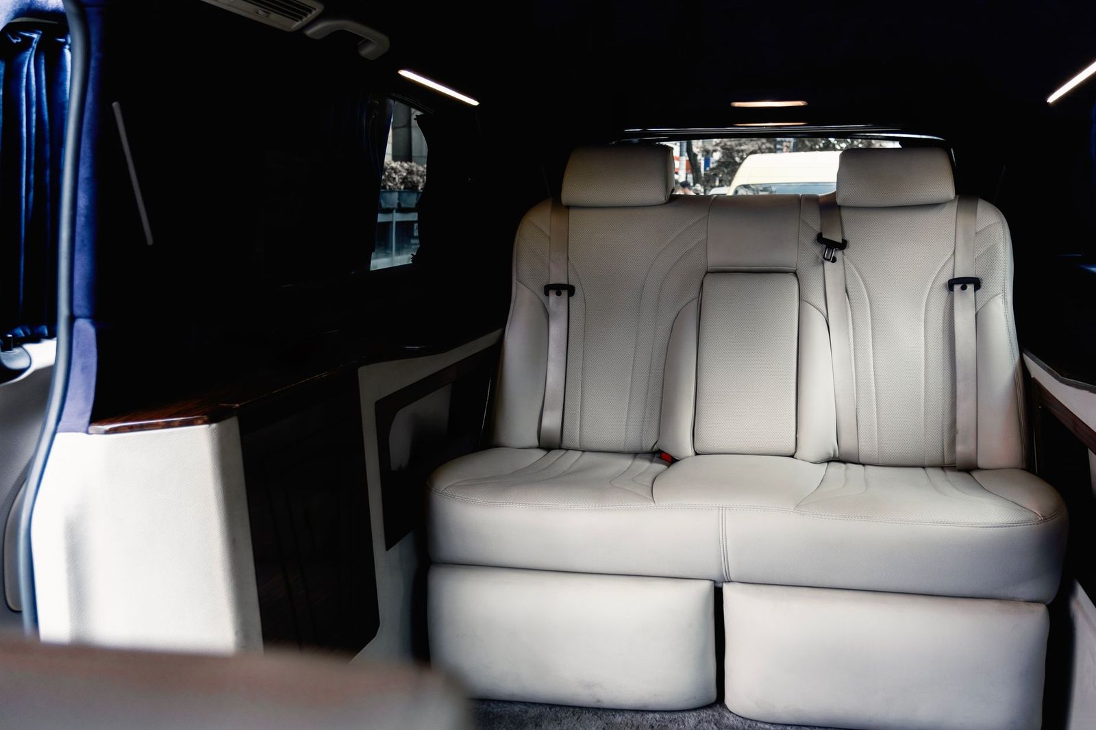 A stretch limousine interior with leather seating: stretch limousines are partner vehicles from vetted operators