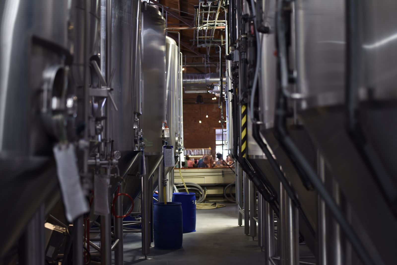 Stainless steel brewing tanks at a craft brewery near Barrie